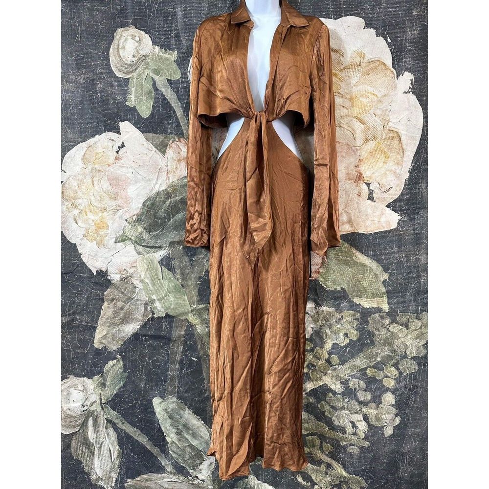 New Felicity Long Sleeve Tie Front Midi Dress in Almond Shona Joy Size Us 6 - Picture 5 of 9